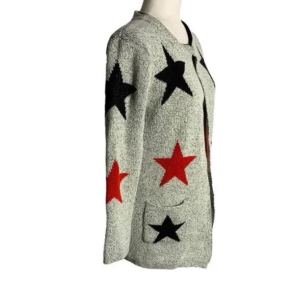 Open Front Marled Knit Cardigan Sweater S Black White Stars Pockets Long Sleeves - Picture 5 of 5